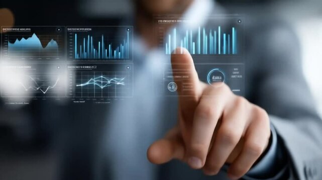 sleek modern office with glowing holographic data charts floating in mid-air, interactive business dashboard on transparent screen, hands touching virtual charts, soft blue lighting, no full human fig