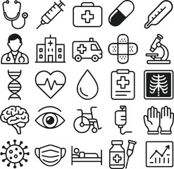 Medical healthcare icons vector set outline style hospital equipment and doctor tools collection isolated