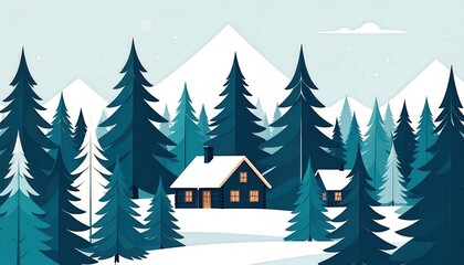 Serene Winter Landscape with Evergreen Trees and Cozy Cabin Retreat