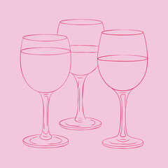 Party red line illustration on pink background. Continuous line drawing. Glasses of wine. Vector illustration.