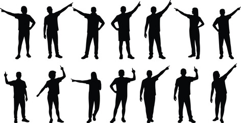People pointing silhouette, Set of man and woman pointing pose silhouette, Twelve diverse silhouettes of people pointing in various directions, People pointing silhouette on a white background