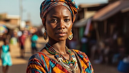Obraz premium Portrait of a Confident Woman in a Vibrant Street Scene. A portrait of a striking Black woman standing confidently in a bustling street market. She is wearing a colorful headscarf and a patterned top.