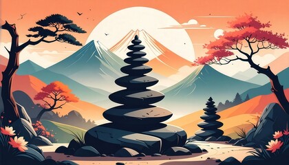 Serene Zen Stone Stacking in Tranquil Mountain Landscape at Sunset