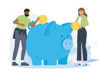 Two people holding coins and adding them to a large blue piggy bank, cartoon style on a white background. Concept of saving money and financial planning. Vector illustration