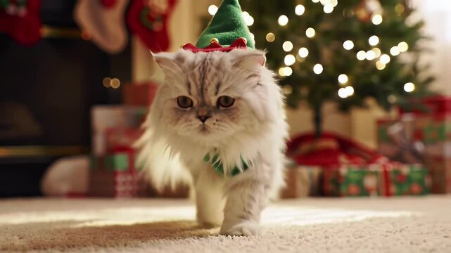 Charming white cat in festive elf costume posing in front of festive holiday decorations