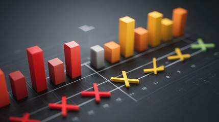 A 3D bar and line chart with red and orange bars and yellow and red "X" markers on a black grid background.