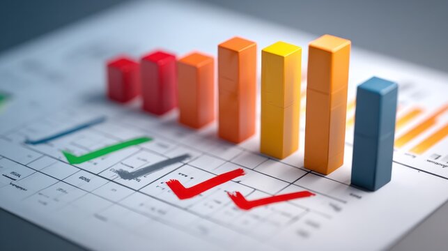 Colorful 3D bar chart on a paper with checkmarks analyzing data and trends in a business report.
