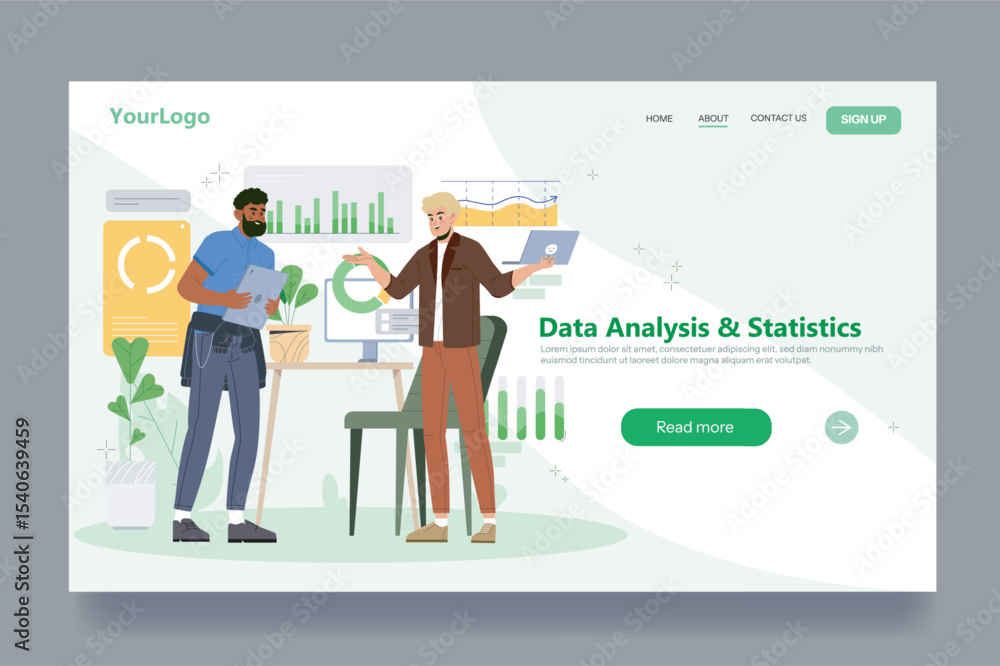 Aufkleber two people discussing data analysis and statistics with digital charts and graphs on a modern flat i
