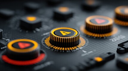 Close-up of black and orange audio mixer dials with play and warning symbols, highlighting detailed textures and controls.