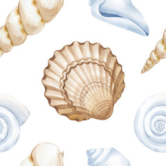 Watercolor seamless pattern with different seashells on a white background. The marine illustration is made by hand. For packaging, wallpaper, wrapping paper and textiles.