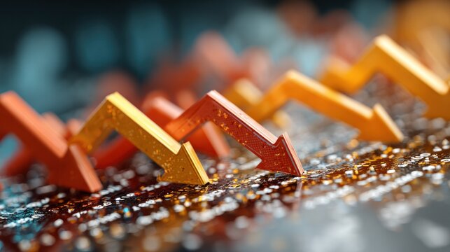 Multiple colorful arrows pointing downward symbolize a decline or decrease in financial or market performance.