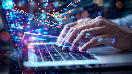 Hands typing on a laptop, with digital data overlay.