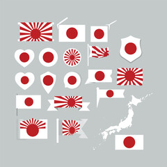 "Japan Flag Icon Collection &ndash; Rising Sun and National Flag Symbols with Map, Heart, Shield, and Banner Designs in Red and White"