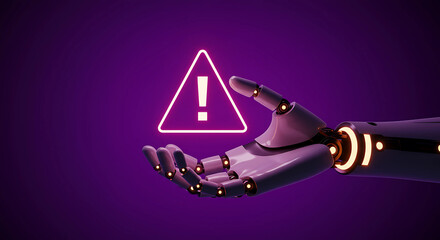 A robotic hand presents a glowing warning sign against a dark purple backdrop