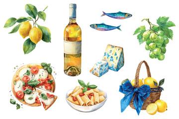 Set of illustrations of Mediterranean products png. Watercolor Mediterranean cuisine products. Lemons, bottle of white wine, sardines, pizza margherita and pasta. Italian cuisine concept. Summer sea 