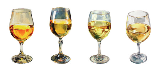 Watercolor set of white wine glasses. Glass of white wine with green grapes png. Concept of wine drinks, alcohol, bar drinks etc. Elements for bar. Vector illustration.