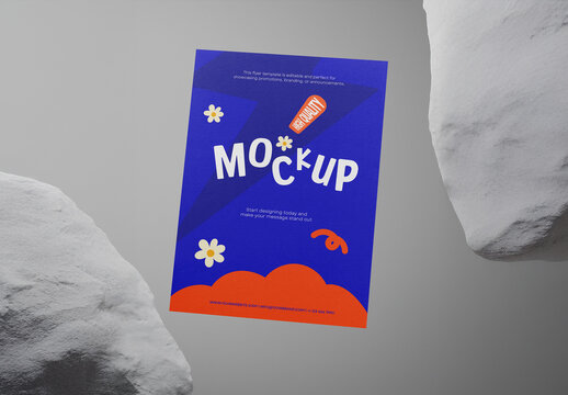 Flyer Mockup Template &ndash; Vibrant Branding Leaflet Floating Between White Stones on Grey Background
