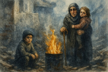 Elderly Woman and Children by a Barrel Fire Amid War Ruins — Watercolor Illustration of Displacement and Survival