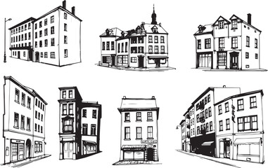 Set of city buildings. Line urban backdrop, different buildings on street, doodle street draw, outline cityscape hand sketch, flat houses. Hand drawn vector illustration