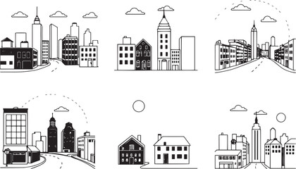 Set of city buildings. Line urban backdrop, different buildings on street, doodle street draw, outline cityscape hand sketch, flat houses. Hand drawn vector illustration