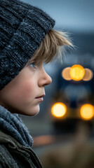 Boy Watching Train: A young boy, wearing a warm knit hat and scarf, gazes intently at a train in the distance, the warm lights of the locomotive blurring in the background.