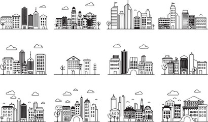 Set of city buildings. Line urban backdrop, different buildings on street, doodle street draw, outline cityscape hand sketch, flat houses. Hand drawn vector illustration