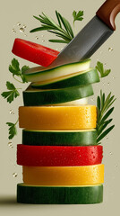 Vibrant Vegetable Symphony: A culinary masterpiece showcases fresh, colorful vegetable slices artfully stacked with a knife poised, and herbs creating a beautiful composition.