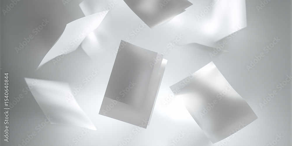 Poster blank sheets of paper flying in the air creating abstract shapes