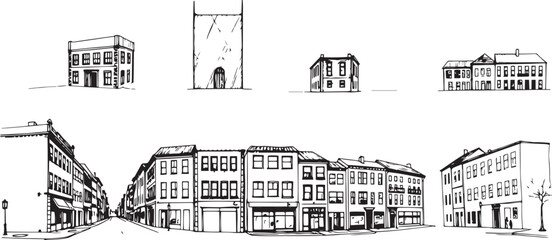 Set of city buildings. Line urban backdrop, different buildings on street, doodle street draw, outline cityscape hand sketch, flat houses. Hand drawn vector illustration