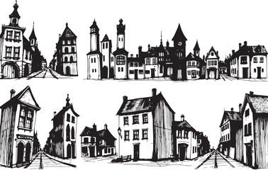 Obraz premium Set of city buildings. Line urban backdrop, different buildings on street, doodle street draw, outline cityscape hand sketch, flat houses. Hand drawn vector illustration