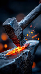 Hammer Strikes Hot Metal: In a burst of heat and energy, a hammer strikes hot metal on an anvil, as sparks fly in this high-action blacksmithing scene.
