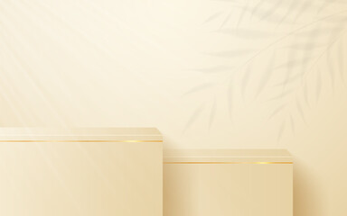 Cream podium with elegant gold lines and leaf shadows on the back for product presentation. Cosmetic product display. Stage or podium. vector illustration	