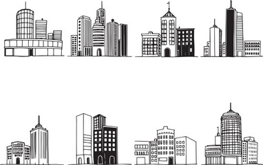 Fototapeta premium Set of city buildings. Line urban backdrop, different buildings on street, doodle street draw, outline cityscape hand sketch, flat houses. Hand drawn vector illustration