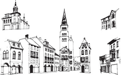 Obraz premium Set of city buildings. Line urban backdrop, different buildings on street, doodle street draw, outline cityscape hand sketch, flat houses. Hand drawn vector illustration
