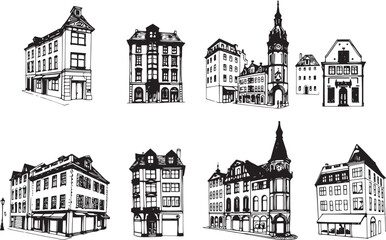 Set of city buildings. Line urban backdrop, different buildings on street, doodle street draw, outline cityscape hand sketch, flat houses. Hand drawn vector illustration