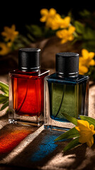 Elegance in Essence: Two exquisitely crafted fragrance bottles stand majestically, each a vessel of captivating scents. Captured in a studio setting.