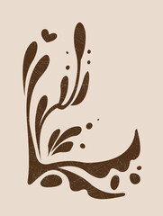 Abstract floral corner ornament with grunge texture, dark brown color on beige background, inspired by vintage nature patterns, suitable for decorative themes. Vector illustration