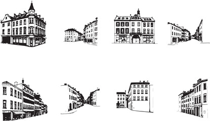 Obraz premium Set of city buildings. Line urban backdrop, different buildings on street, doodle street draw, outline cityscape hand sketch, flat houses. Hand drawn vector illustration