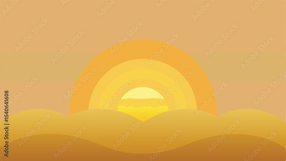 Poster abstract sunset landscape design with layered arcs and clouds on transparent background