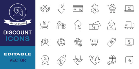 Discount icon set in line style. Sale, coupon, shop, offer, promotion, price tag, deal, cashback and more outline symbol. Set of 24 shopping related icons. Editable stroke. Vector illustration.