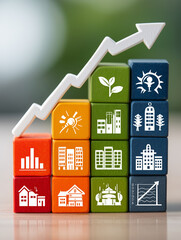 Eco-Growth and Urban Advancement: A dynamic visual encapsulates the progress of sustainable development, showcasing a rising arrow poised against a stack of colorful blocks.