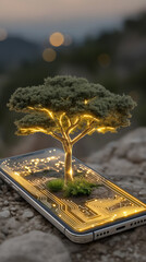 Eco-Tech Fusion: A captivating fusion of nature and technology, a vibrant tree seemingly sprouts from a glowing smartphone screen, showcasing eco-friendly technological innovations.