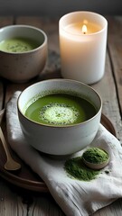 Matcha Tea Is Next To A Candle And A Bowl Of Matcha Powder