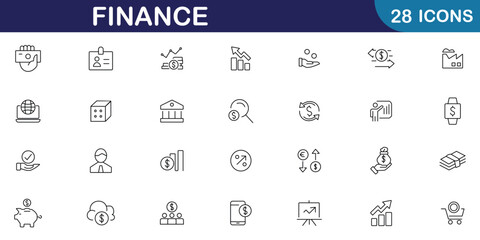 Finance icons set in line style. Vector finance editable stroke icon set with money, bank, check, wallet, piggy, balance, safe and more symbol. Set of 28 finance related icons. Vector illustration.