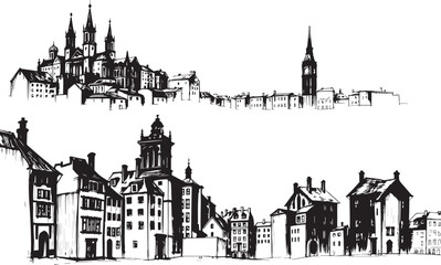 Fototapeta premium Set of city buildings. Line urban backdrop, different buildings on street, doodle street draw, outline cityscape hand sketch, flat houses. Hand drawn vector illustration