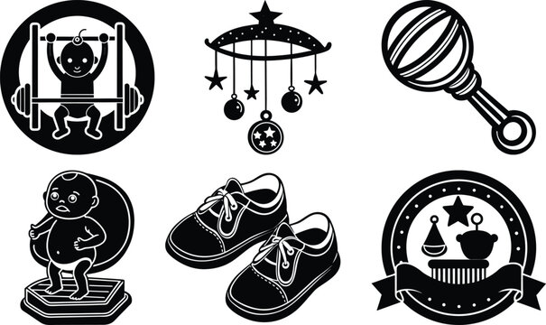 set of vector of  Baby gym , Baby mobile, Baby rattle deferent icons