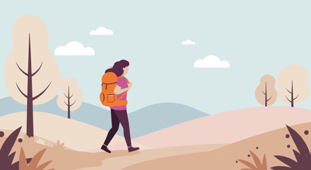 Flat vector showing a woman hiking up a trail