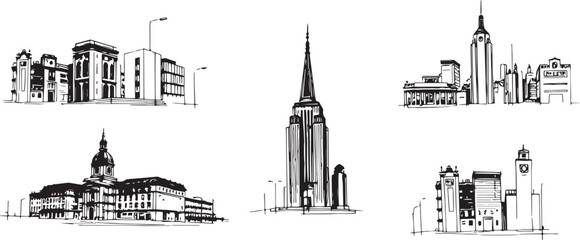 Fototapeta premium Set of city buildings. Line urban backdrop, different buildings on street, doodle street draw, outline cityscape hand sketch, flat houses. Hand drawn vector illustration