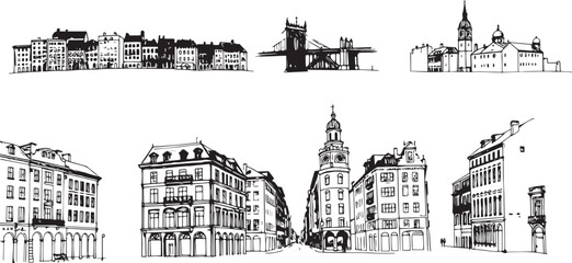 Set of city buildings. Line urban backdrop, different buildings on street, doodle street draw, outline cityscape hand sketch, flat houses. Hand drawn vector illustration