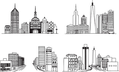 Fototapeta premium Set of city buildings. Line urban backdrop, different buildings on street, doodle street draw, outline cityscape hand sketch, flat houses. Hand drawn vector illustration